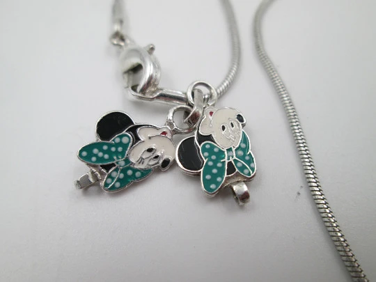Sterling silver cord with Minnie Mouse pair colours enamel pendants. Europe. 1990's