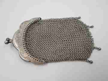 Sterling silver double ladies mesh purse. Lobed clutch frame. Vegetable motifs