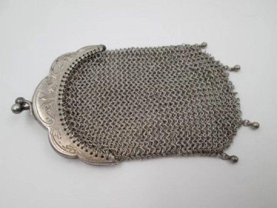 Sterling silver double ladies mesh purse. Lobed clutch frame. Vegetable motifs