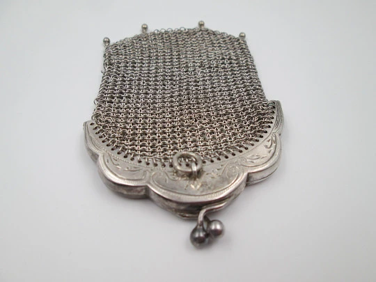 Sterling silver double ladies mesh purse. Lobed clutch frame. Vegetable motifs