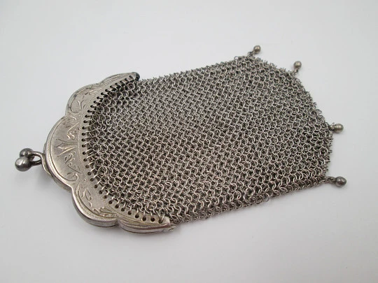 Sterling silver double ladies mesh purse. Lobed clutch frame. Vegetable motifs