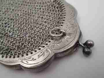 Sterling silver double ladies mesh purse. Lobed clutch frame. Vegetable motifs