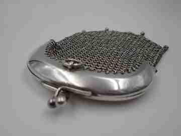 Sterling silver double mesh purse. Half moon clutch frame. Balls clasp. 1920