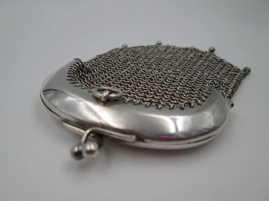 Sterling silver double mesh purse. Half moon clutch frame. Balls clasp. 1920