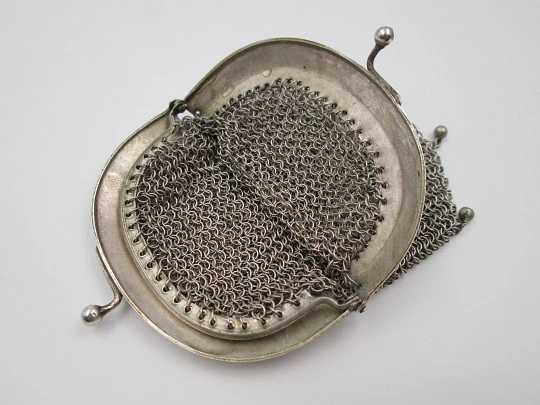 Sterling silver double mesh purse. Half moon clutch frame. Balls clasp. 1920