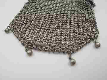 Sterling silver double mesh purse. Half moon clutch frame. Balls clasp. 1920
