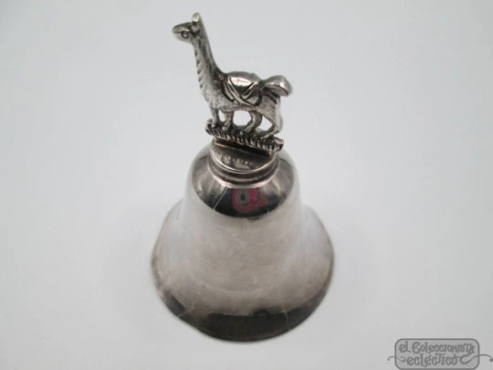 Sterling silver hand bell. 1970's. Llama figure top. Clapper