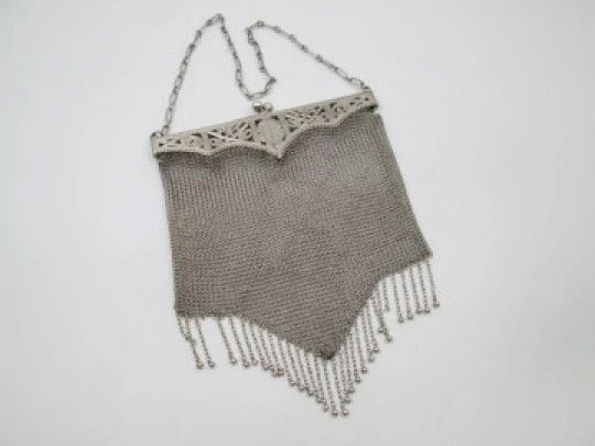 Sterling silver mesh bag. Articulated openwork clutch frame. Flowers & leaves