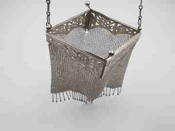 Sterling silver mesh bag. Articulated openwork clutch frame. Flowers & leaves