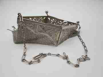 Sterling silver mesh bag. Articulated openwork clutch frame. Flowers & leaves