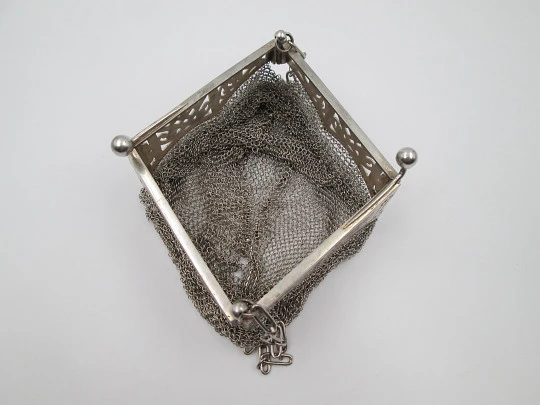 Sterling silver mesh bag. Articulated openwork clutch frame. Flowers & leaves