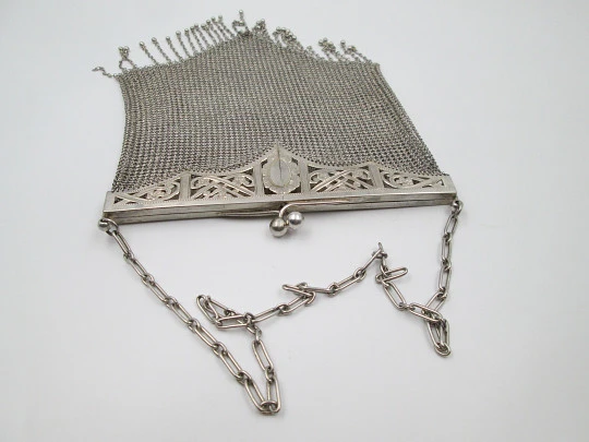 Sterling silver mesh bag. Articulated openwork clutch frame. Flowers & leaves