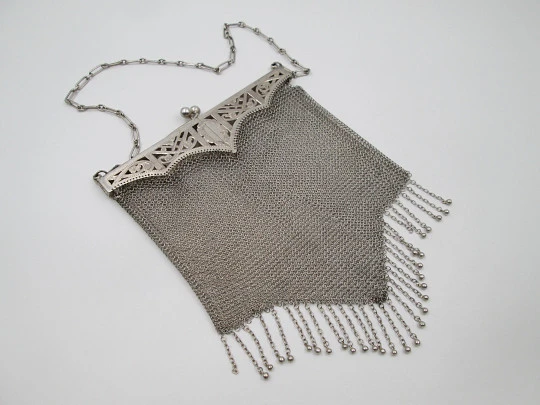 Sterling silver mesh bag. Articulated openwork clutch frame. Flowers & leaves