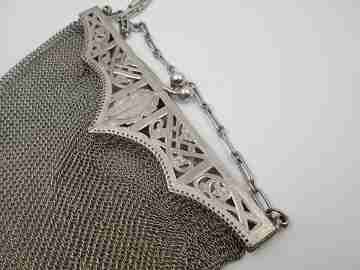 Sterling silver mesh bag. Articulated openwork clutch frame. Flowers & leaves
