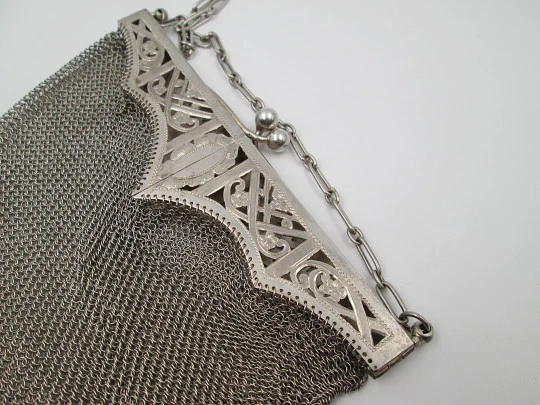 Sterling silver mesh bag. Articulated openwork clutch frame. Flowers & leaves