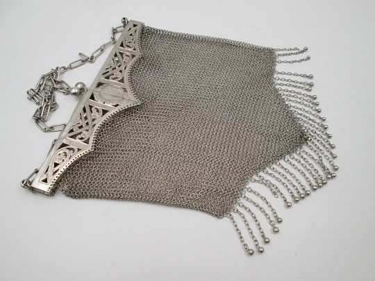 Sterling silver mesh bag. Articulated openwork clutch frame. Flowers & leaves