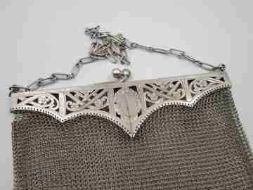 Sterling silver mesh bag. Articulated openwork clutch frame. Flowers & leaves