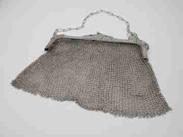 Sterling silver mesh bag. Openwork clutch frame. Flowers & geometric motifs. 1920's