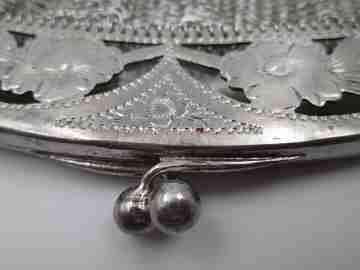 Sterling silver mesh bag. Openwork clutch frame. Flowers & geometric motifs. Chain