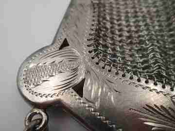 Sterling silver mesh bag. Openwork clutch frame. Flowers & geometric motifs. Chain