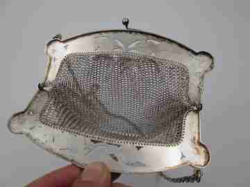 Sterling silver mesh bag. Openwork clutch frame. Flowers & geometric motifs. Chain