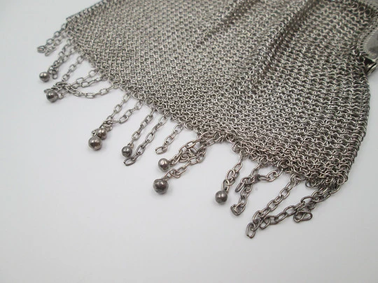 Sterling silver mesh bag. Openwork clutch frame. Flowers & geometric motifs. Chain