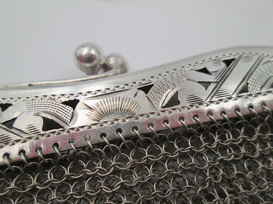 Sterling silver mesh bag. Openwork clutch frame. Vegetable motifs. Europe. 1920's