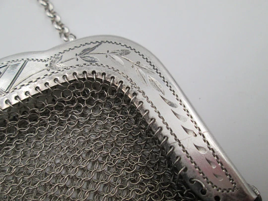 Sterling silver mesh bag. Openwork clutch frame. Vegetable motifs. Europe. 1920's