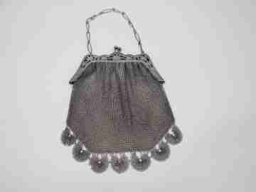 Sterling silver mesh bag. Openwork lobed clutch frame. Flowers chiseled. Europe