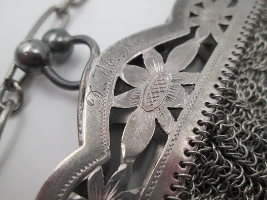 Sterling silver mesh bag. Openwork lobed clutch frame. Flowers chiseled. Europe