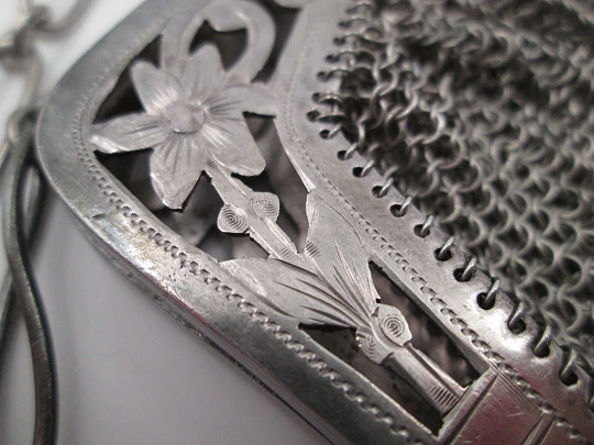 Sterling silver mesh bag. Openwork lobed clutch frame. Flowers chiseled. Europe