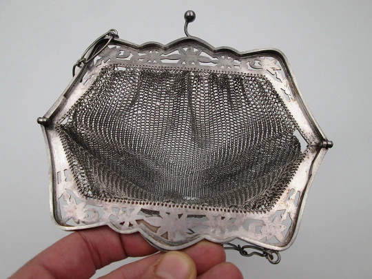 Sterling silver mesh bag. Openwork lobed clutch frame. Flowers chiseled. Europe