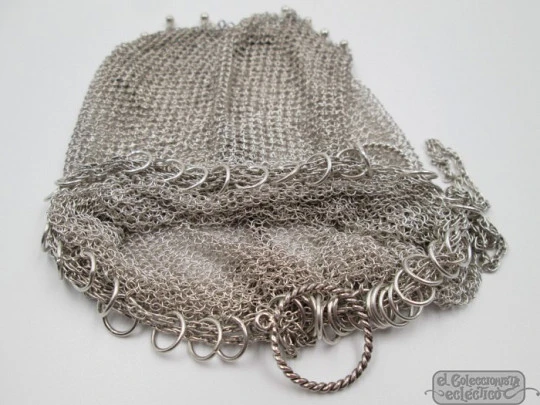 Sterling silver mesh finger bag. Rings and balls. Link chain. 1950's