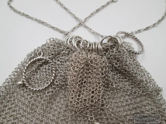 Sterling silver mesh finger bag. Rings and balls. Link chain. 1950's