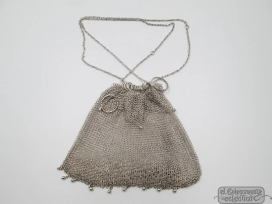 Sterling silver mesh finger bag. Rings and balls. Link chain. 1950's