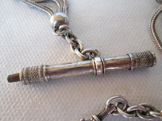 Sterling silver multi-thread pocket watch chain. Sliding sections & key