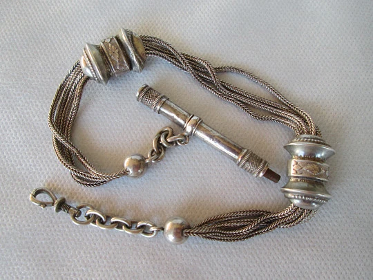 Sterling silver multi-thread pocket watch chain. Sliding sections & key