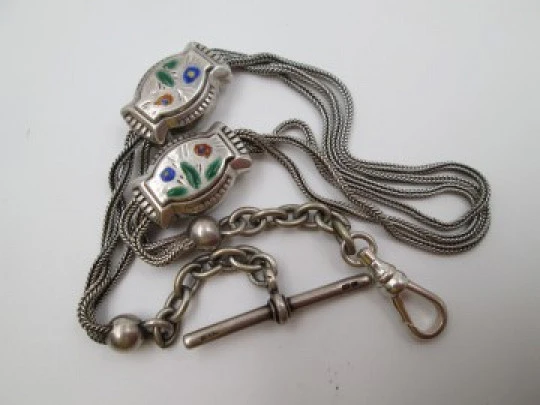 Sterling silver multi-thread pocket watch chain. Sliding sections & T-bar