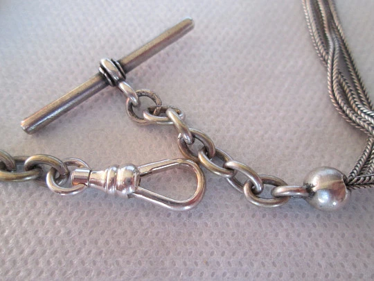 Sterling silver multi-thread pocket watch chain. Sliding sections & T-bar