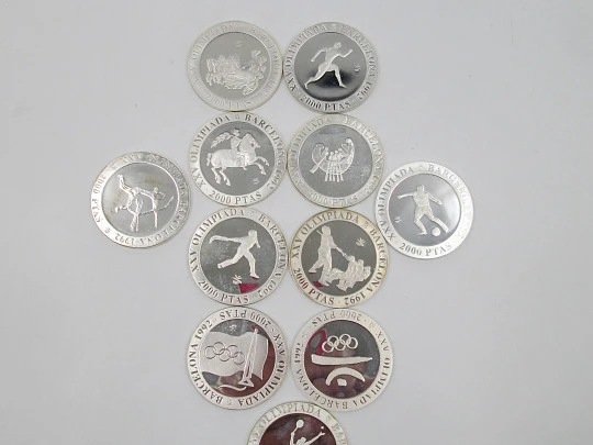 Sterling silver Olympic Games Barcelona eleven coins (2.000 pesetas) collection. 1990's