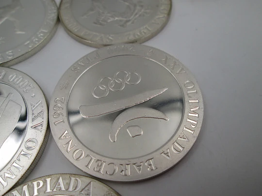 Sterling silver Olympic Games Barcelona eleven coins (2.000 pesetas) collection. 1990's