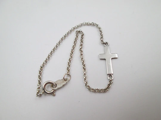 Sterling silver open links bracelet with cross ornate motif. Spring ring clasp. 1990's Sterling silver open links bracelet with cross ornate motif. Spring ring clasp. 1990's