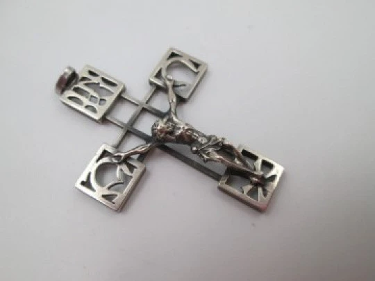 Sterling silver openwork cross crucifix. Greek letter finials. 1950's. Spain