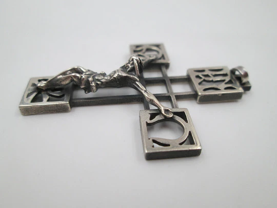 Sterling silver openwork cross crucifix. Greek letter finials. 1950's. Spain