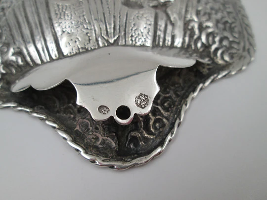 Sterling silver ornate baptism shell. Baptism of Jesus high relief scene. 1980's. Spain