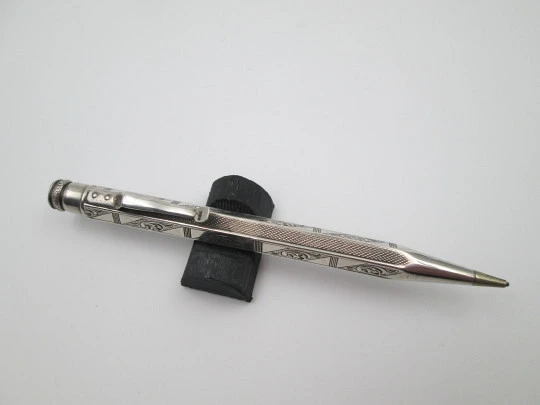 Sterling silver ornate mechanical pencil. Guilloche and scrolls. Twist system. Europe