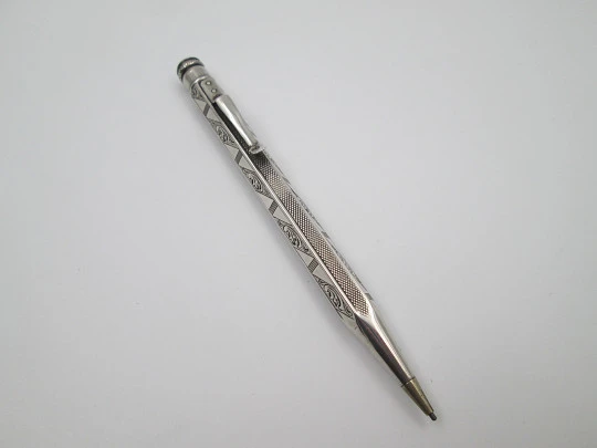 Sterling silver ornate mechanical pencil. Guilloche and scrolls. Twist system. Europe