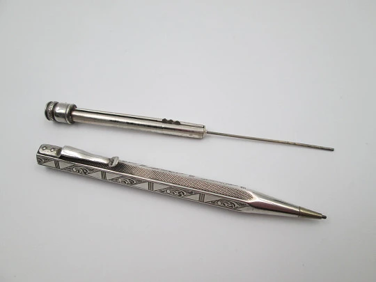 Sterling silver ornate mechanical pencil. Guilloche and scrolls. Twist system. Europe
