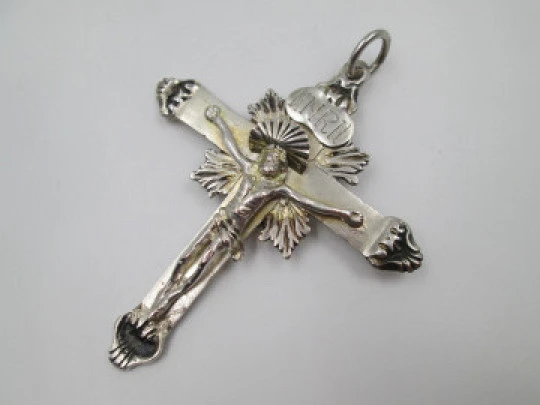 Sterling silver pendant crucifix. Christ with halo and radiance. Ring on top. 1850's. Spain