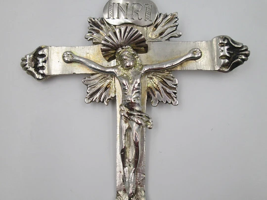 Sterling silver pendant crucifix. Christ with halo and radiance. Ring on top. 1850's. Spain